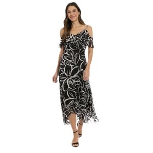 NWT 6P London Times Petite Cold Shoulder Black and White Floral Maxi Dress